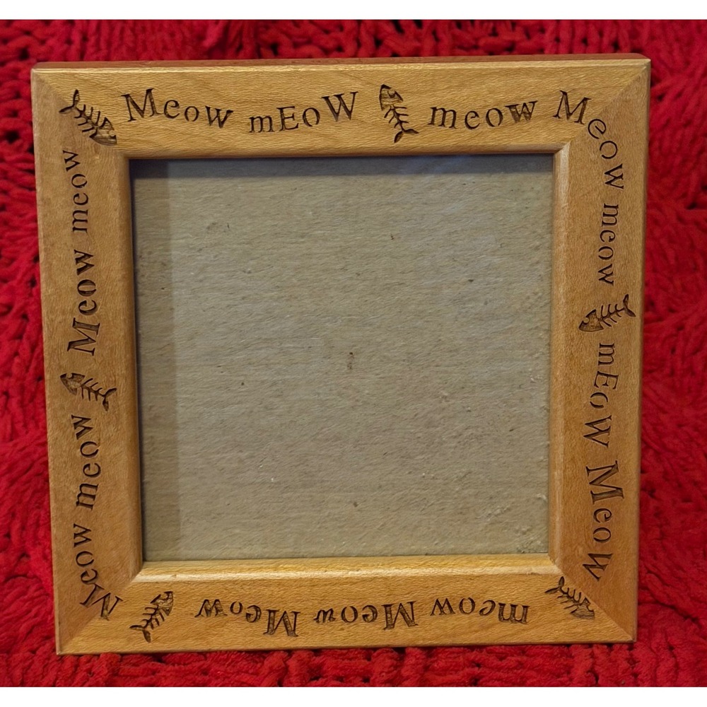 Meow Fish Bone Engraved 4.5" Wood Picture Frame Cat Lover Pet Theme Square Tan